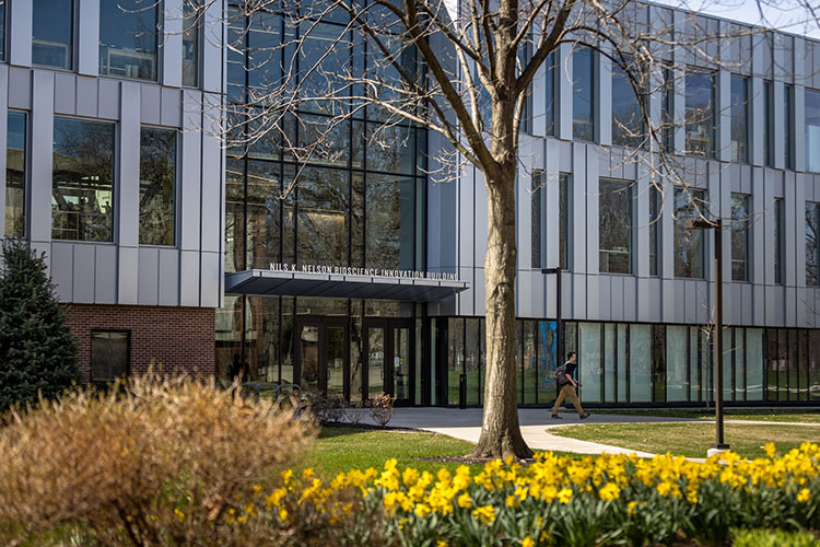 Flowers in front of the Nils K. Nelson BIoscience Innovation Building