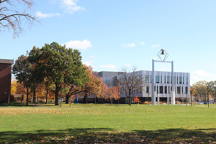 An exterior look at PNW's Bell Tower and Nils K. Nelson Bioscience Innovation Building