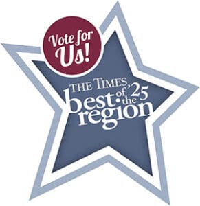 A blue illustrated star with text: "Vote for us! The Times best of the region '25."