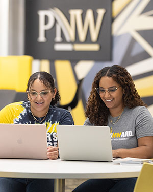 Two students work on laptops in front of a PNW mural