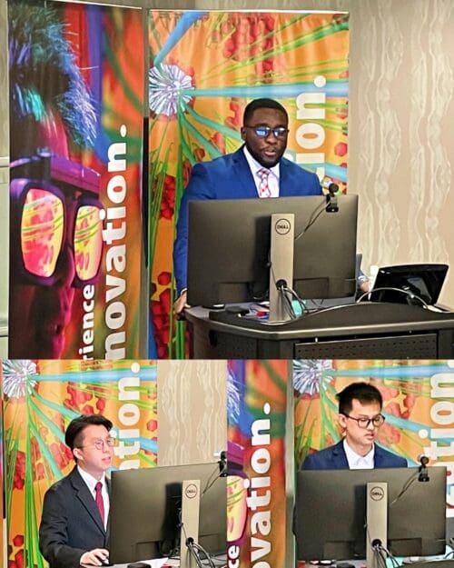 Collage of three different photos of Individual in business attire standing at podium speaking in a conference room