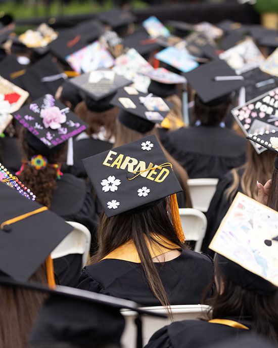 Graduation caps during the spring 2024 commencement