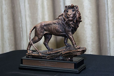 A lion sculpture at a PNW Alumni Hall of Fame celebration.