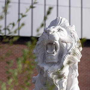 A lion sculpture outdoors at Purdue University Northwest