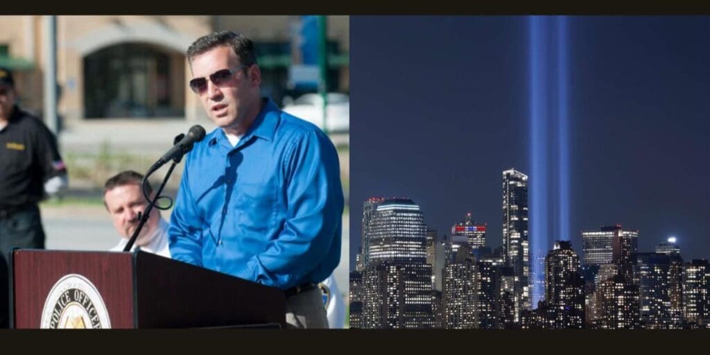 Left: 9/11 survivor and PNW alumnus Don Basco speaks at a podium. Right: beams of light illuminate the Manhattan skyline in a tribute to the Twin Towers of the World Trade Center.