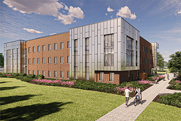 Computer-generated rendering of a new dorm at Purdue University Northwest.