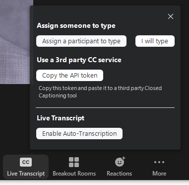 Live transcripts in Zoom meeting toolbar