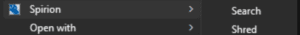 Menu options with arrows: "Spirion," "Open with," Search" and "Shred"