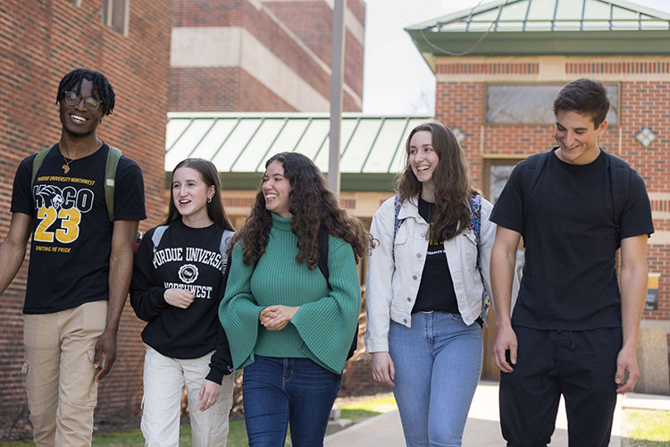 Six students walk together outdoors