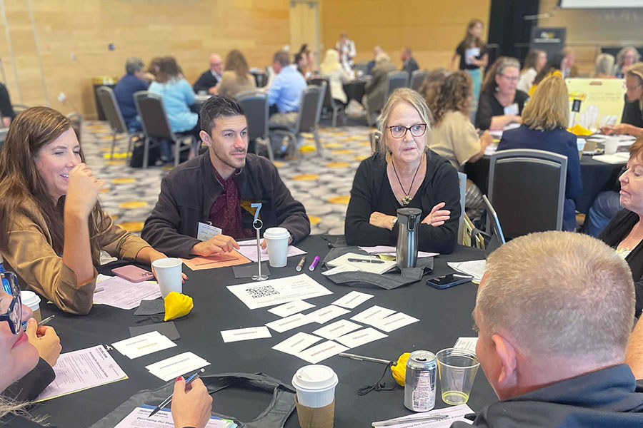 People discuss the strategic plan on PNW's Westville campus.