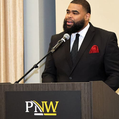 Hammond 3rd District City Councilman Barry Tyler Jr. speaks at Purdue University Northwest's 2025 Martin Luther King Jr. Celebration.