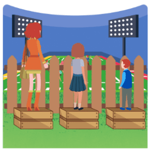 An average height adult, a medium height teenager. and a small child are all individually standing on a single wooden crate to peer over a fence at a football game. The adult can easily see over the fence. The teenager can just see over the fence. The small child cannot see over the fence.