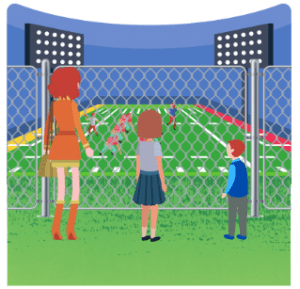 An average height adult, a medium height teenager and a small child are watching a football game through a chain-link fence. All three individuals can easily view the game.