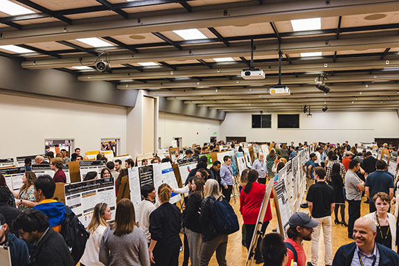 Students at days of discovery looking at posters