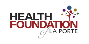 Logo: Health Foundation of LaPorte, featuring an illustration of a figure dancing under circles.