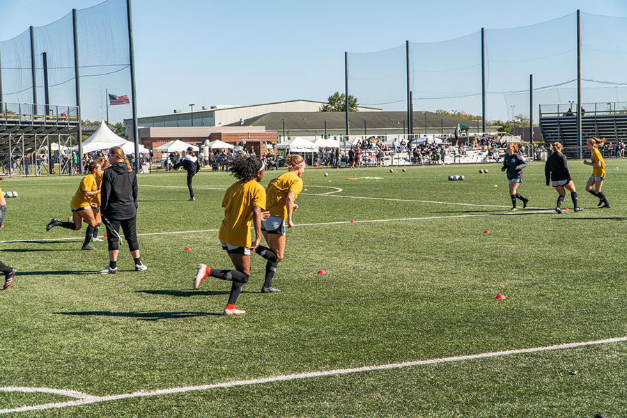 the PNW women's soccer team warms up before a match