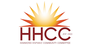 Logo: Hammond Hispanic Community Committee, with a rising son above the logo. Est. 1995.