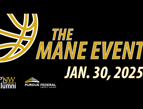 Illustration of a basketball with text: The Mane Event and logos for PNW Alumni and Purdue Federal Credit Union.