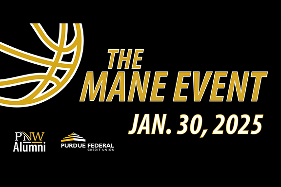 Illustration of a basketball with text: The Mane Event and logos for PNW Alumni and Purdue Federal Credit Union.