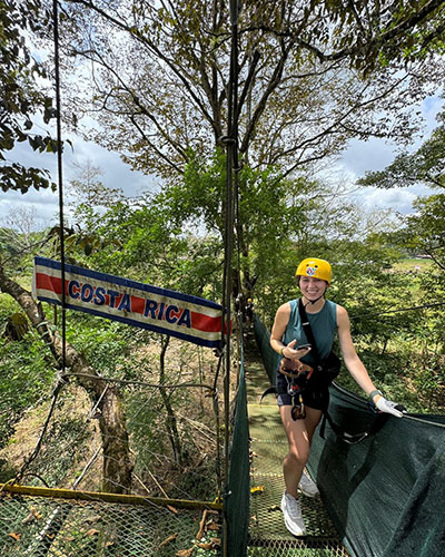 A student gets ready to zip line in Costa Rica