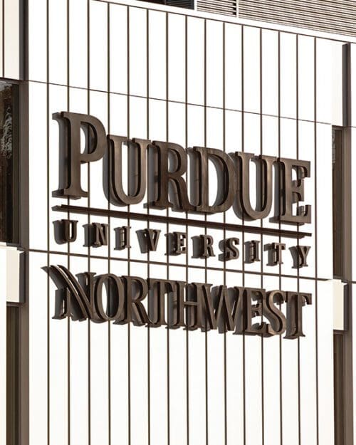 The words Purdue University Northwest on the Facade of the Nils K Nelson Bioscience Innovation Building