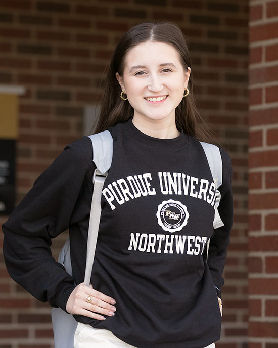 A student in a Purdue University Northwest sweatshirt.