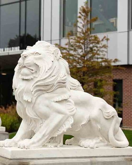 A white lion statue on the PNW Hammond Campus