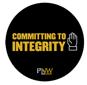 Text: Committing to Integrity with an illustration of a raised hand and the PNW logo.