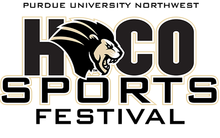 Logo: Purdue University HOCO Sports Festival, with Leo the lion in place on one of the Os.