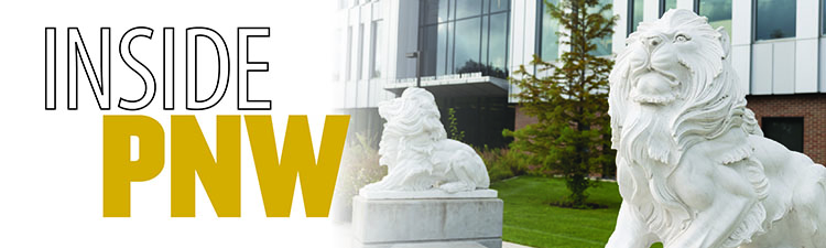 Photo of lion statues next to a building with text: Inside PNW.