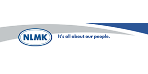 Logo: NLMK with the text "It's all about our people" and some gray and blue swooshes.