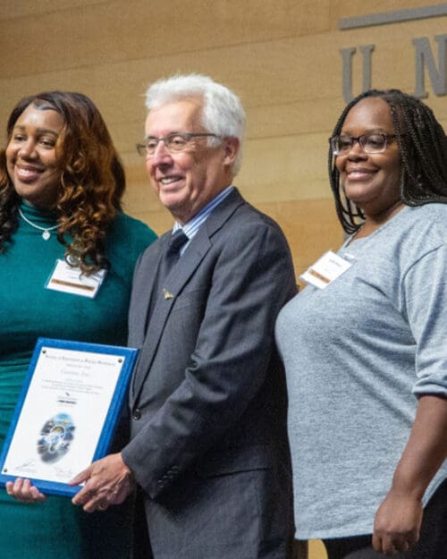 Team members with Coates, Inc. accept a 2023 Innovators Award as a team inductee during the 2023 Society of Innovators at Purdue Northwest Awards Luncheon.