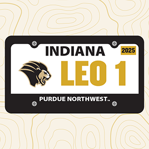 Rendering of a PNW license plate on a wavy background. There's an illustration of PNW's lion mascot as well as the text: Indiana 2025 Leo 1 Purdue Northwest