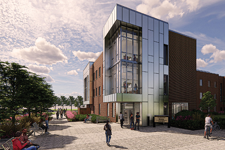 Computer-generated rendering of a new student housing building at Purdue University Northwest. A facade, glass atrium and walkway are visible.