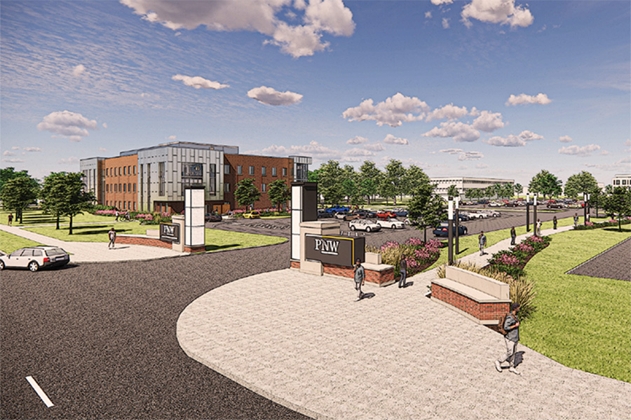 A computer-generated rendering of the south entrance of PNW's Hammond campus, with a new residence hall visible at left.