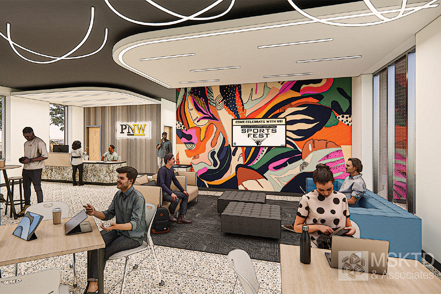 A computer-generated rendering of PNW students socializing in a campus lounge