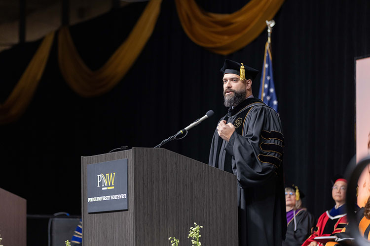 Wade Breitzke, founder and CEO of WeCreate Media and a 2009 Purdue University Northwest alumnus, delivers the keynote address for PNW’s fall 2024 commencement ceremonies.