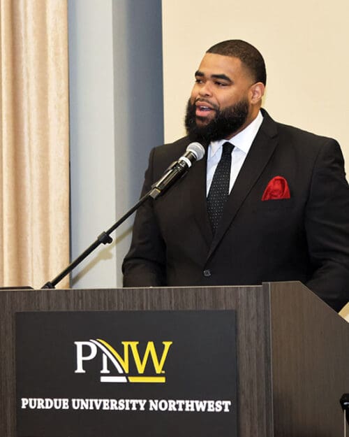 Hammond 3rd District City Councilman Barry Tyler Jr. speaks at Purdue University Northwest's 2025 Martin Luther King Jr. Celebration.