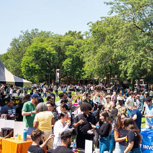 Students walk around campus during welcome week