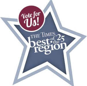 A blue illustrated star with text: "Vote for us! The Times best of the region '25."