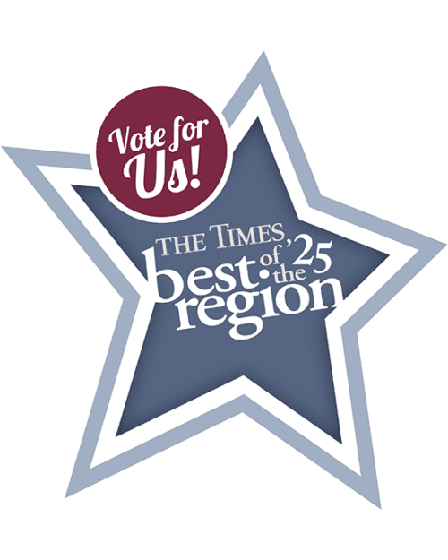 A blue illustrated star with text: "Vote for us! The Times best of the region '25."