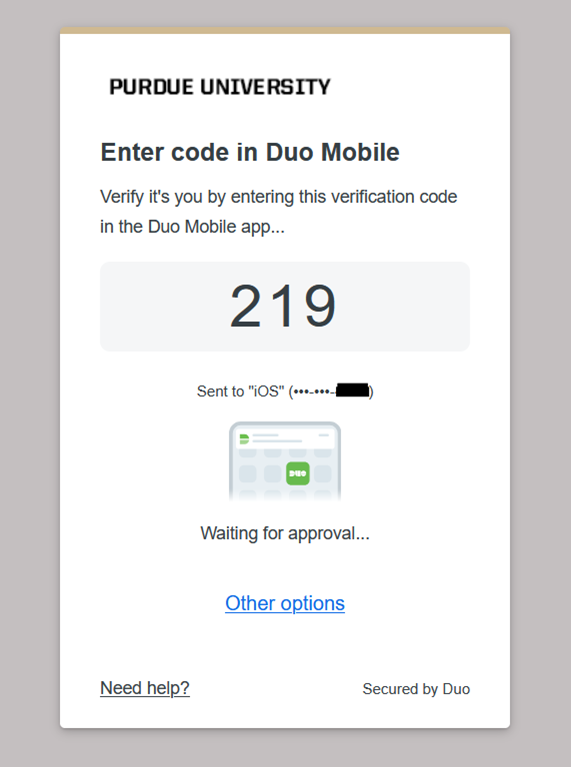 Screenshot of the Purdue University Duo Single Sign-On interface providing a code to enter on the user's mobile device.